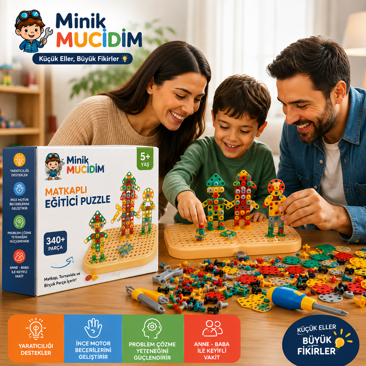 Anne, baba ve çocuk birlikte Minik Mucidim yapı setiyle oynuyor